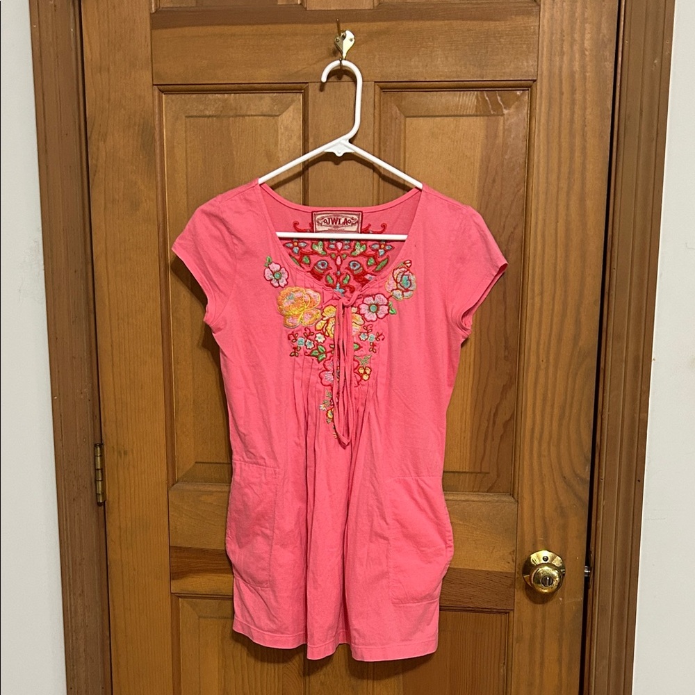 Johnny Was Pink Embroidered Cap Sleeve Tunic